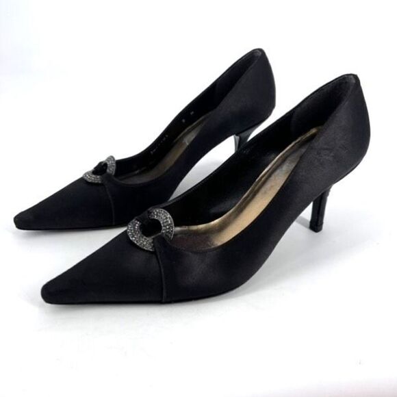 Stuart Weitzman Womens Embellished Rhinestones Satin Pointed Pumps Black Size 8W - Picture 1 of 16